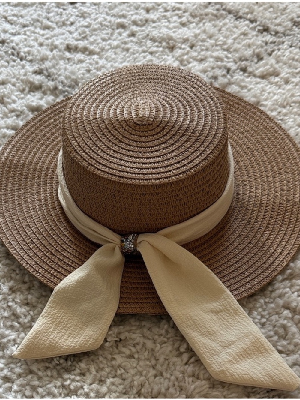 Brown Sun Hat with Scarf Accent